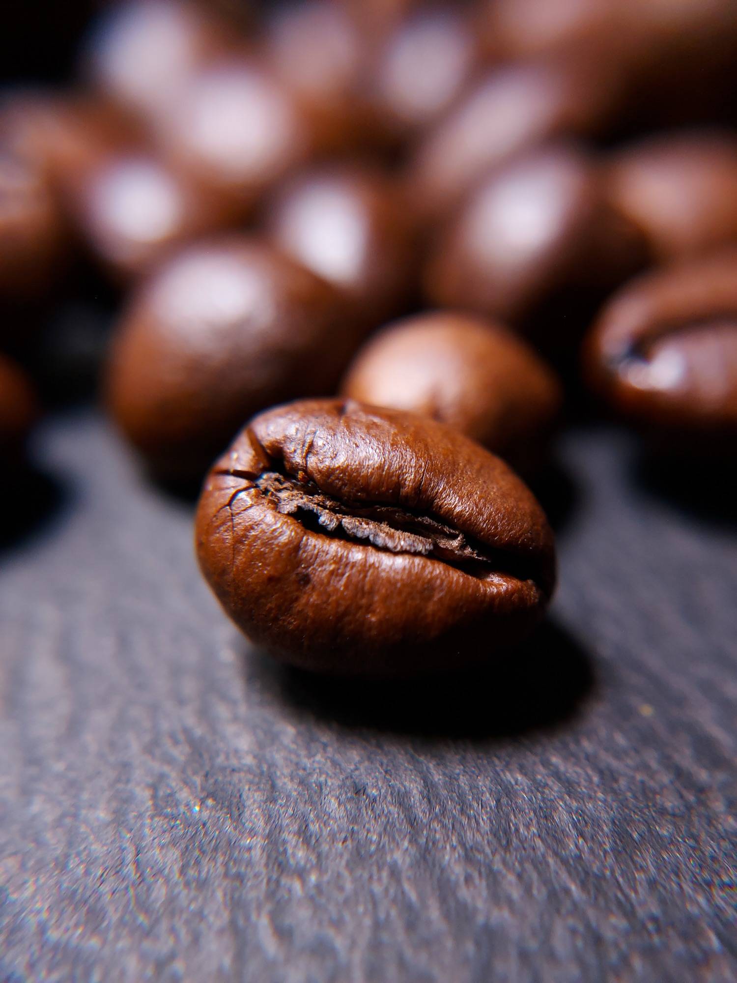 A single roasted coffee bean in sharp focus on dark slate